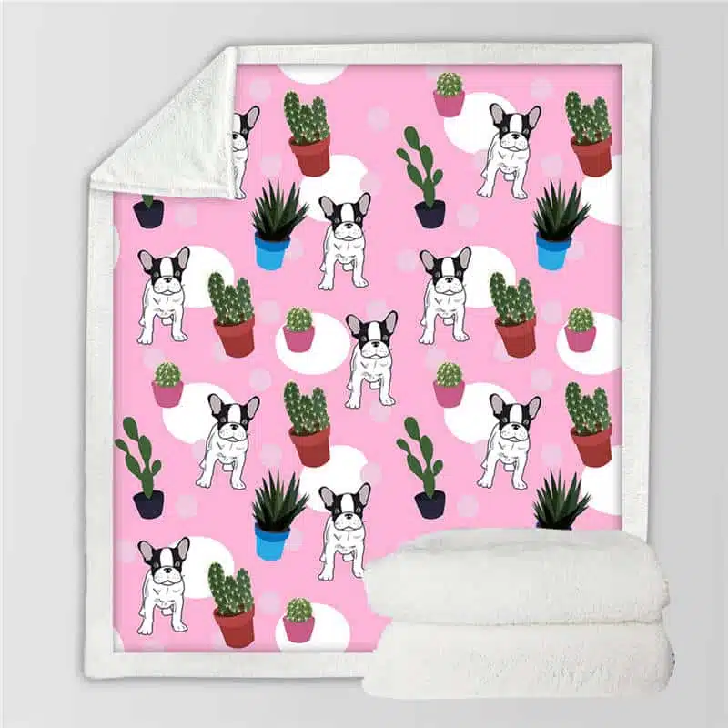 Plaid rose couverture petit chien et cactus avec fond rose