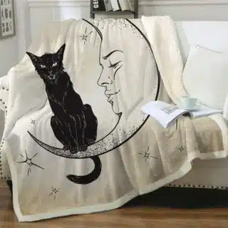 Couverture polaire chat qui miaule et lune qui chante sur un canapé
