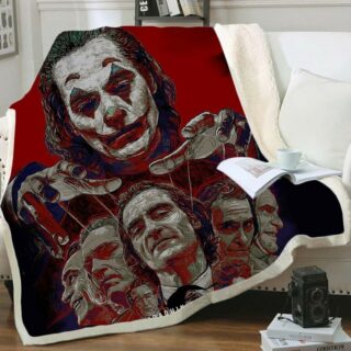 Plaid rouge et noire avec imprimé Joker 3D sur un canapé blanc