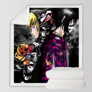 Plaid manga avec Naruto et Sasuke dos à dos portant du streetwear de couleur gris, blanc et violet