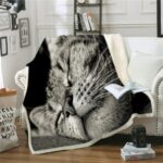 plaid posé sur un canapé blanc avec un joli imprimé de chaton en train de dormi en noir et blanc
