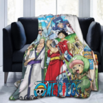 Plaid One piece représentant les personnages principaux du mangas ensemble, posé sur un canapé noir devant une fenêtre